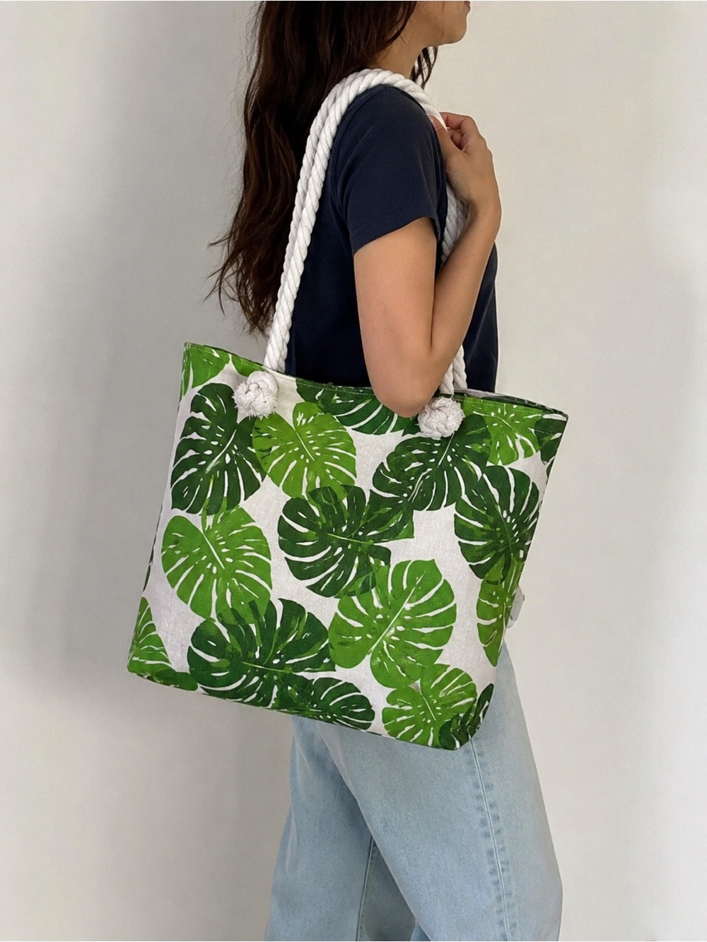 Large Green Tropical Leaf Canvas Tote Bag with Cotton Rope Handles NEW